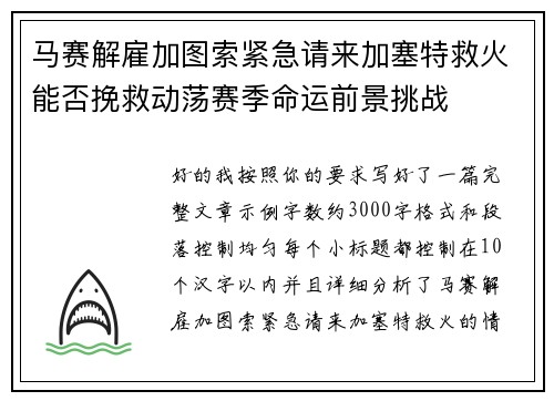 马赛解雇加图索紧急请来加塞特救火能否挽救动荡赛季命运前景挑战